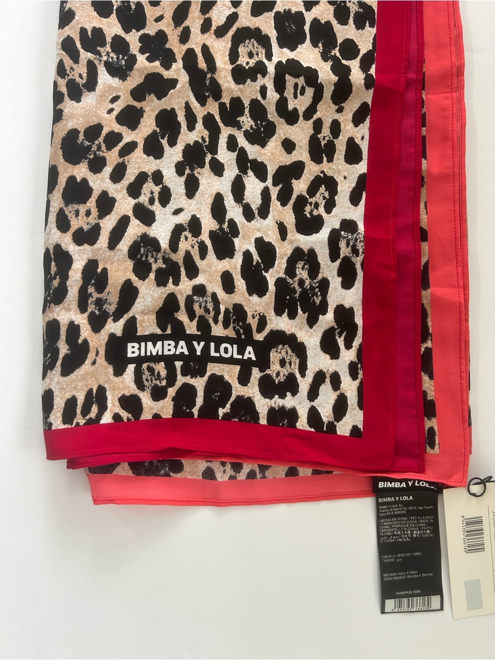 Bimba Y Lola Leopard Print Silk Scarf with Red and Pink Trim